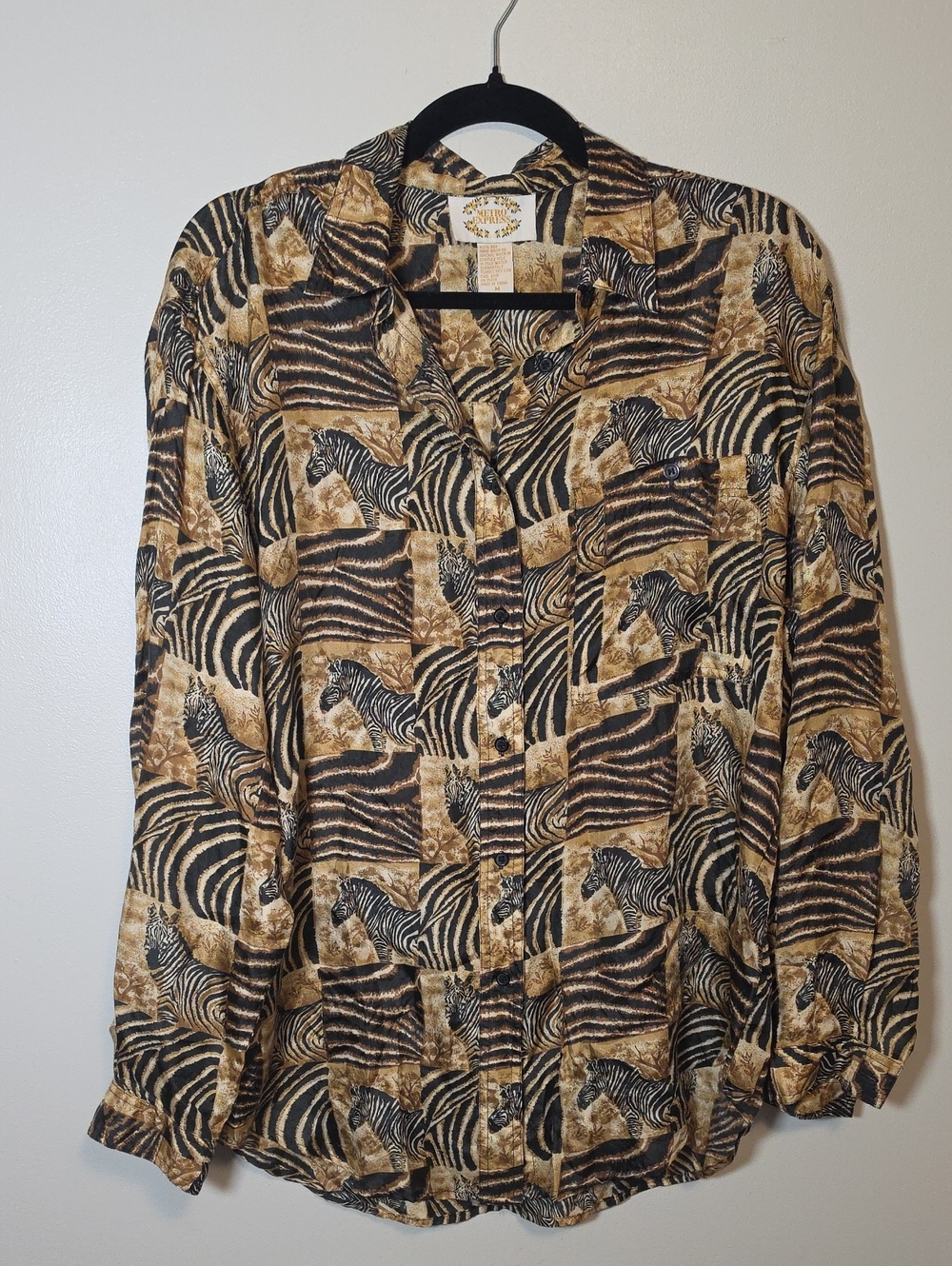 Metro Express 100% Silk Men's Zebra Print Button-Up Shirt in Brown and Black